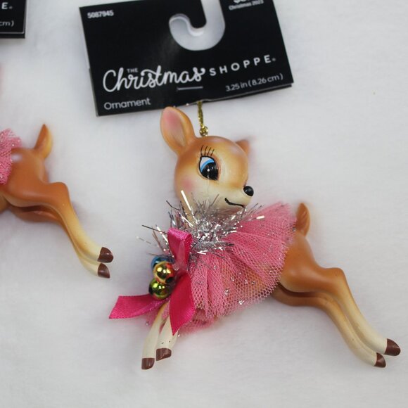 Christmas Shoppe Ornaments Reindeer Tutu Retro Style Set Deer Pink Bow NWT - Picture 5 of 5